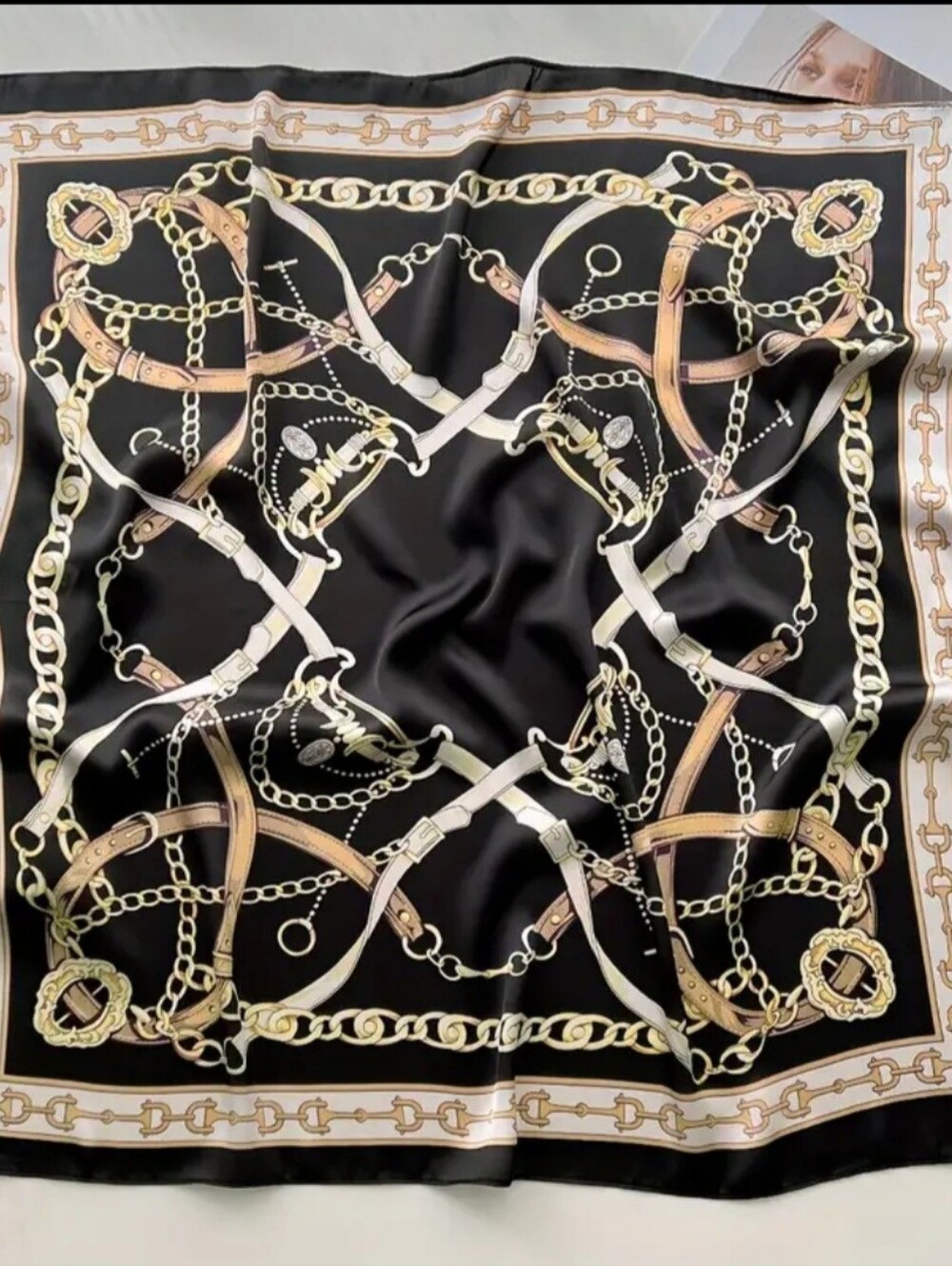 Elegant Blk Horsebit Chain & Link Print Silky Scarf 27.5x27.5". Designer Looks